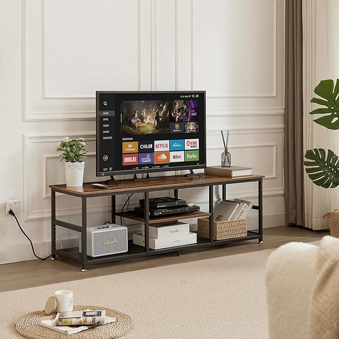 VECELO TV Stand with Power Outlets for Televisions up to 65Inch, 55" Media Entertainment Center with Charging Station 3-Tier Open Storage Shelves with Metal Frame for Living Room/Bedroom，Brown