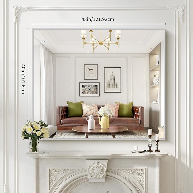 40x48inch Silver Bathroom Mirror, Silver Rectangle Mirror with Frame, Large Rectangular Wall Mirrors for Bathroom, Living Room, Hair Salon, Big Farmhouse Mirror Hang Horizontal/Vertical