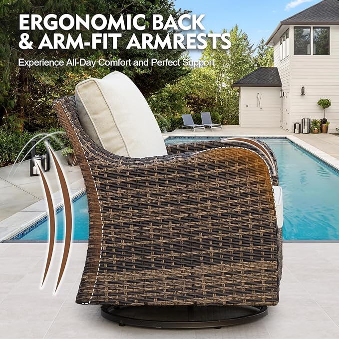 3 Pieces Patio Furniture Set with Swivel Chair, Outdoor Swivel Rocker with Washable Cushions & Tempered Glass Tabletop, Outdoor Rattan Conversation Set for Lawn Backyard Porch (Brown)