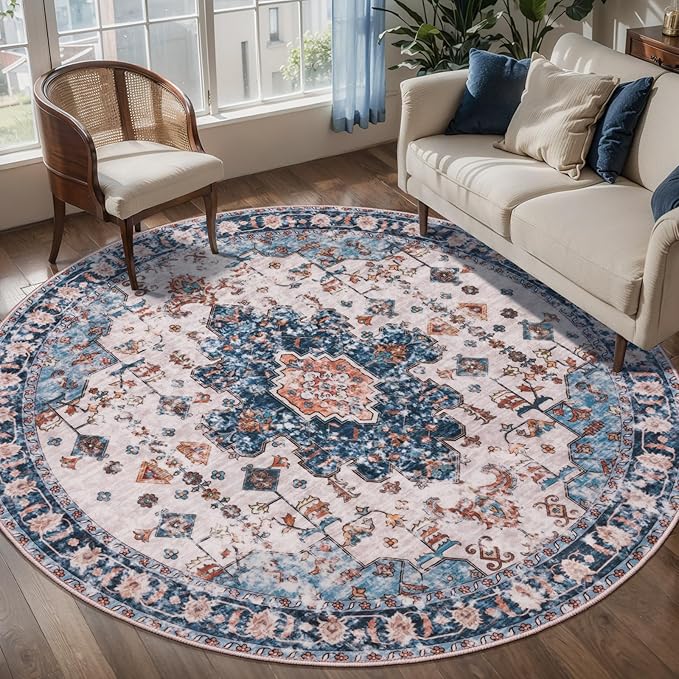 Tangsoo Vintage Round Rug 5ft,Washable Circle Rug, Non Slip Boho Round Area Rug, Low Pile Circular Rugs, Round Carpet for Bedroom,Livingroom,Nursery,Dorm,Office,Blue/Orange