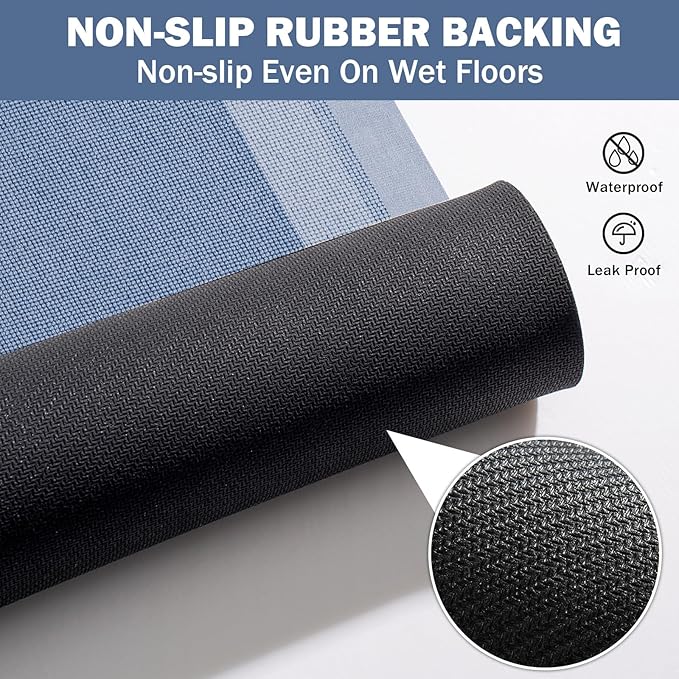 Non Slip Long Bathroom Runner Rug Bath Mat, Rubber Backing Ultra Thin Bathroom Rugs Fit Under Door Quick Dry Super Absorbent Washable Shower Mat for Bathtub Sink Floor, Blue 17"x59"