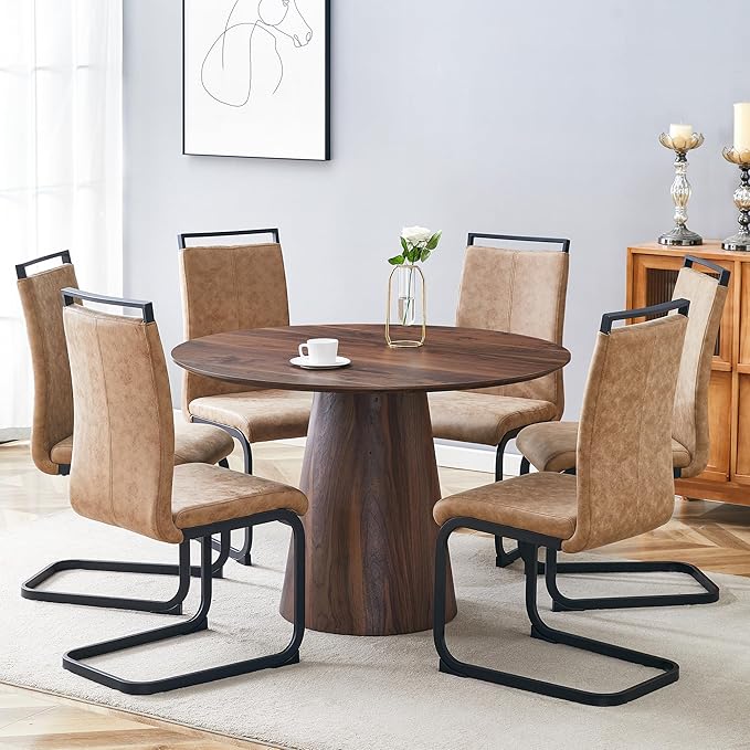 45 Inch Round Dining Table Set for 6, 7 Piece Kitchen Table and Chairs Set, Wooden Table with Walnut Finish, Small Space Dining Set for Apartment or Dining Room
