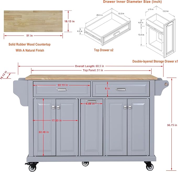 Cambridge Rolling Kitchen Island on Wheels Utility Cart with Spice and Towel Racks and Rubber Wood Countertop, Storage Drawers, Door Cabinets, Gray
