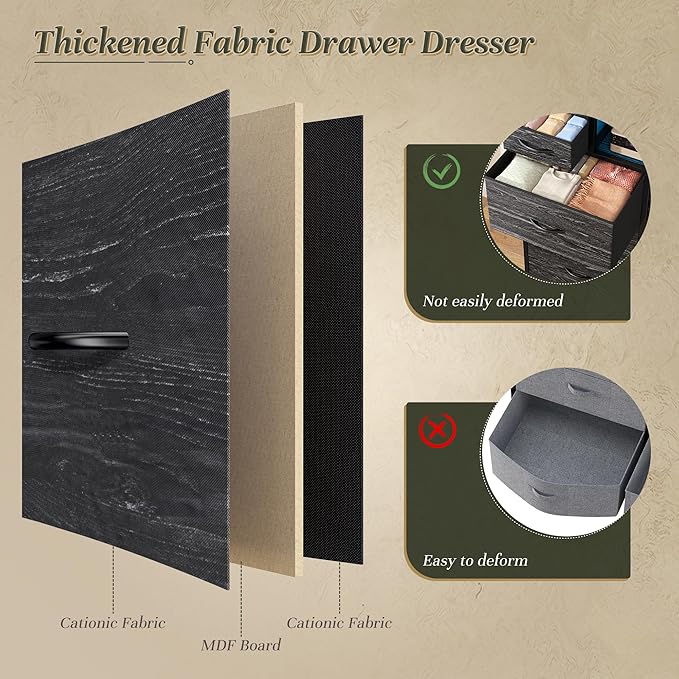 Dresser for Bedroom with Charging Station and LED and 10 Fabric Drawers, Sturdy Tall Chest of Drawers with 2 Open Storage Shelves Storage Tower for Clothing, Closet, Hallway (Black)