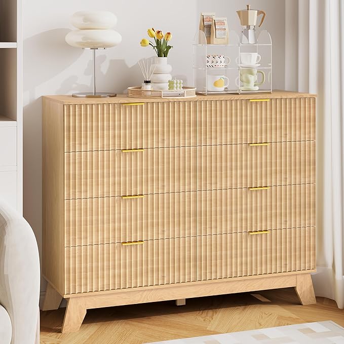 Fluted Dresser for Bedroom, 8 Drawer Dressers & Chest of Drawers, Mid Century Modern Dresser for Closet Boho Bedroom Furniture, Nature Wood Chest of Drawers Storage Organizer for Living Room