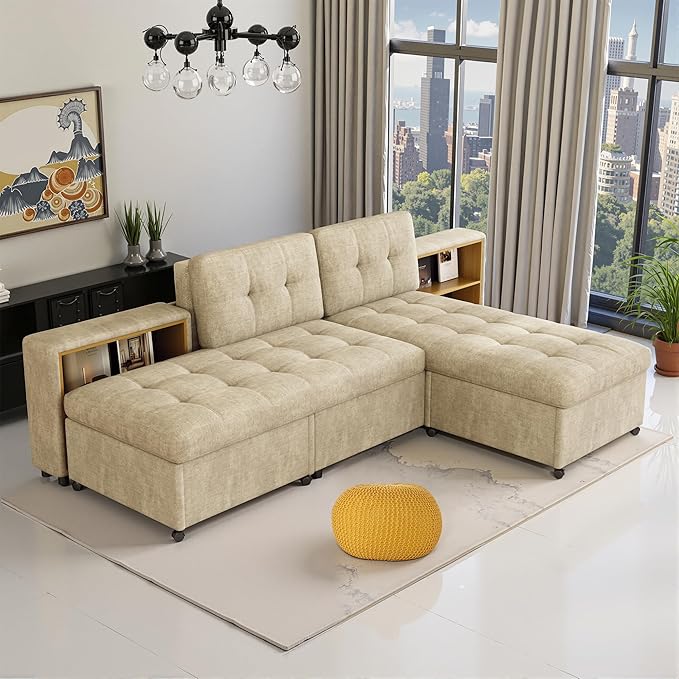 121.2" Sectional Couch, Versatile Sofa Bed Modular Sofa with Two Storage Racks, Sectional Couches for Living Room and Office, Brown