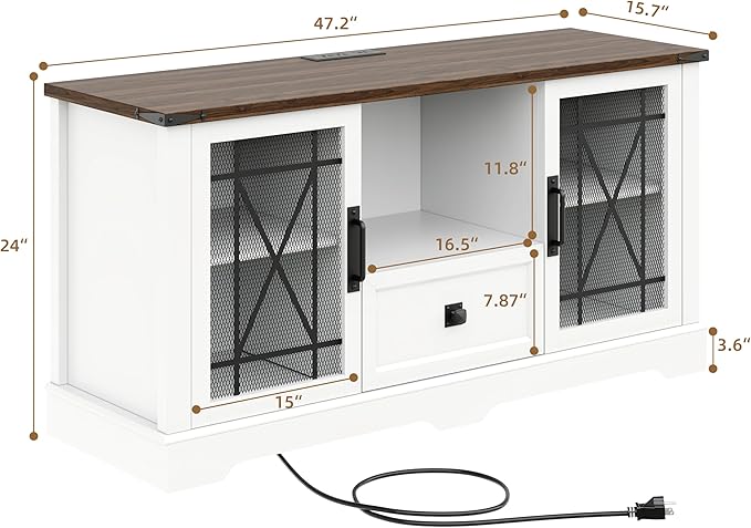 Entertainment Center White TV Stand with Charging Station Modern 55'' Television Stand Console with Adjustable Storage Shelves, Rustic Media Storage Cabinet for Living Room and Bedroom