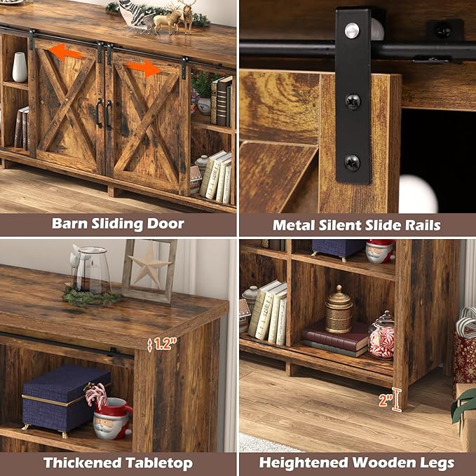 Farmhouse TV Stand for 90 Inch TV with Sliding Barn Door, Rustic Wood Entertainment Center Large Media Console Cabinet Long Television Stands,Console Table and Media Furniture for Living Room(Brown)