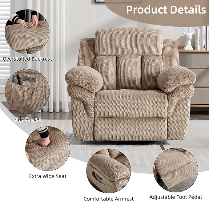 Phoenix Home Oversize Power Lift Recliner Chair with Heat & Massage for Elderly, Extra Large Electric Chair for Adult, Recliners for Living Room,2 Side Pockets, USB and Type-C Port, Light Brown
