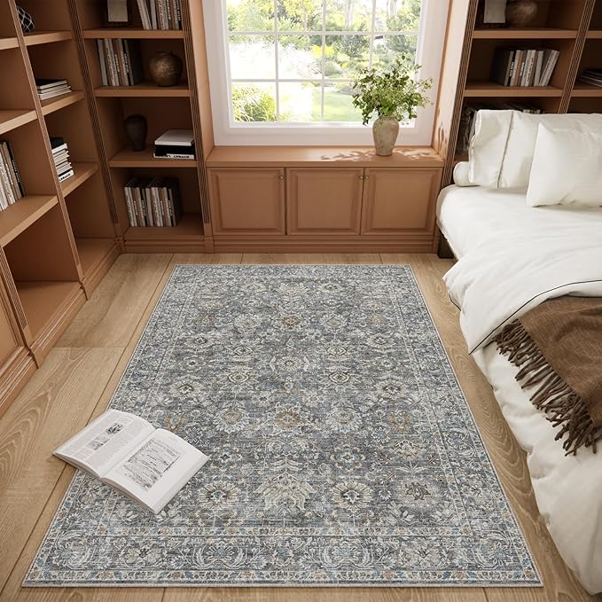 Washable Area Rugs 5'x7' Non-Slip Vintage Boho Distressed Fade Resistant Low Pile Carpet for High-Traffic Living Room, Bedroom & Dining Room