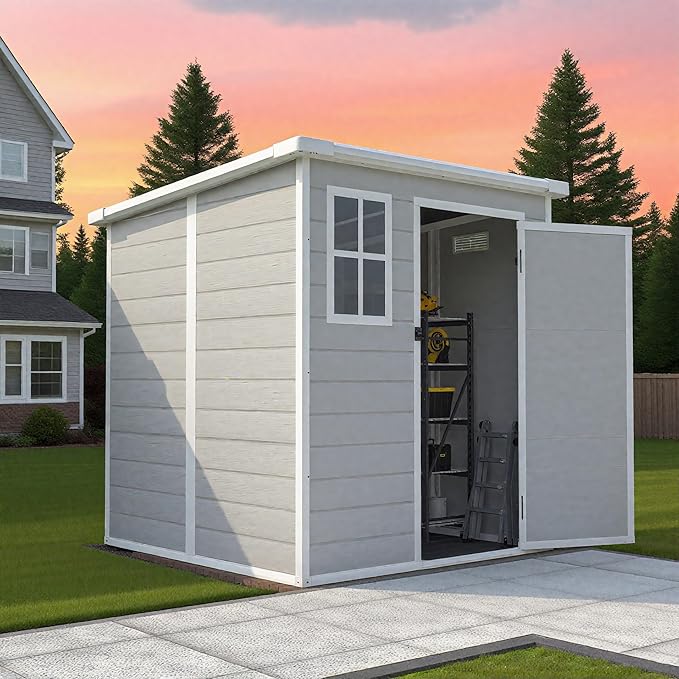 6x6 FT Outdoor Storage Resin Shed with Floor, Plastic Garden Tool Shed with Sloped Roof, Lockable Door & Windows, Easy to Assemble Bike Shed for Lawn, Backyard, Patio, White
