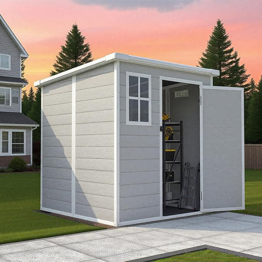 6x6 FT Outdoor Storage Resin Shed with Floor, Plastic Garden Tool Shed with Sloped Roof, Lockable Door & Windows, Easy to Assemble Bike Shed for Lawn, Backyard, Patio, White