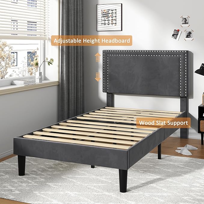 VECELO Twin Size Platform Bed Frame with Adjustable Upholstered Headboard, Strong Wood Slat Support, No Box Spring Needed, Easy Assembly