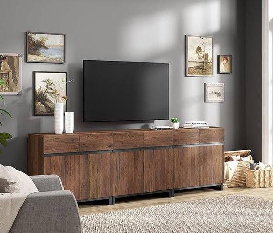 Wampat Modern TV Stand for 100 inch TVs, 3 in 1 Entertainment Center Console with Adjustable Shelves and Metal Base for Living Room, Bedroom, Brown