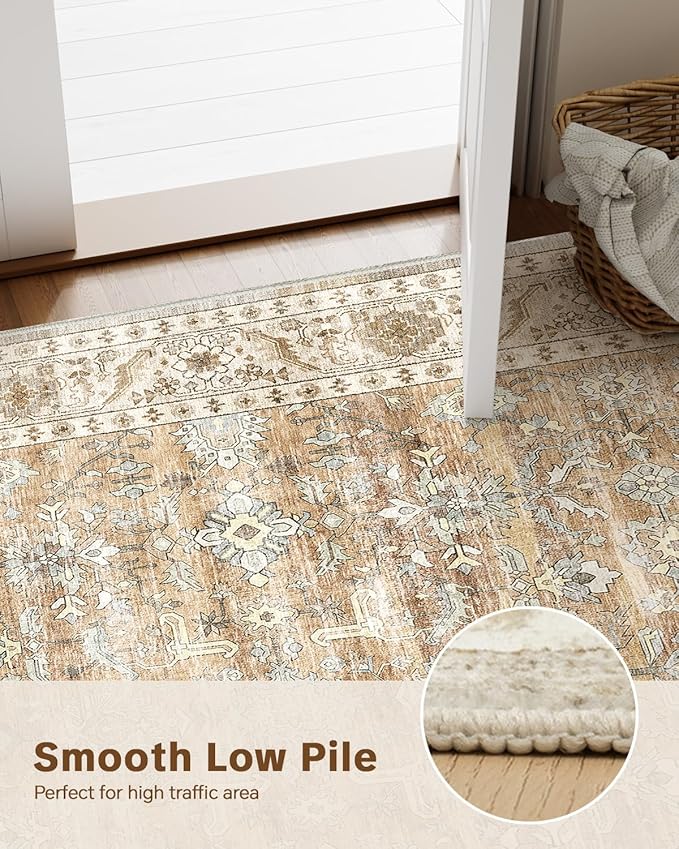 HOMFINE Machine Washable Rug 6'x9' - Vintage Design Area Rugs with Non Slip Rugs for Living Room Bedroom Floral Print Rug Carpet Stain Resistant, Home Decor Office Area Rug, Beige Brown