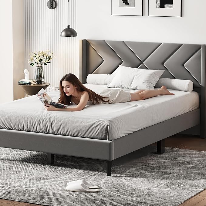 Casaottima Queen Bed Frame Upholstered Platform Bed with Wingback Headboard, Sturdy Wooden Slats Support, Noise-Free Mattress Foundation, No Box Spring Needed, Easy Assembly, Arrow Pattern Smoky Grey
