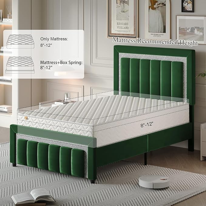 HOMBCK Twin Bed Frames, Twin Size Bed Frames with Upholstered Headboard and Footboard, Velvet Bed Frame with Wooden Salts, No Box Spring Required, Easy Assembly, Green