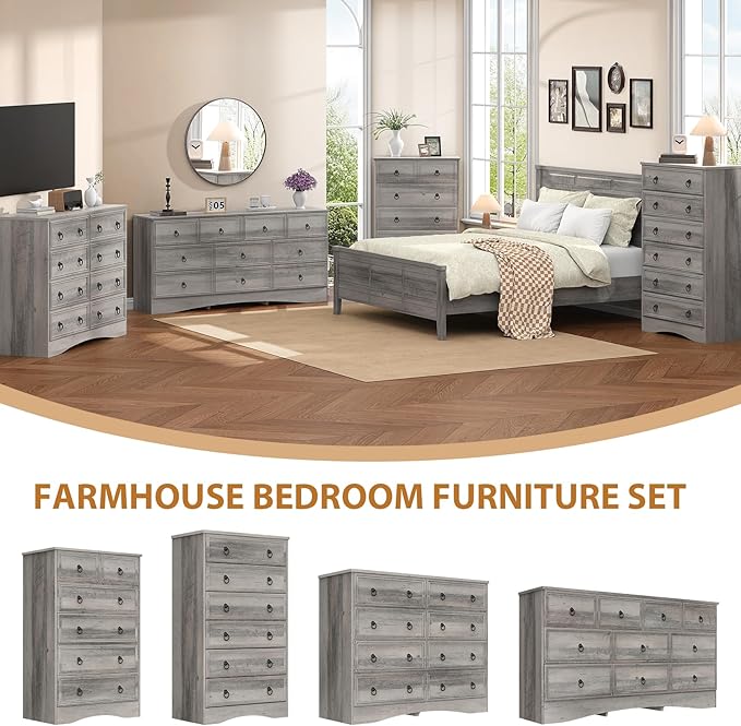 63”W Dressers for Bedroom, Grey Dresser with 10 Deep Drawer, Long Dressers & Chests of Drawers for Clothes, Easy Pulls Handle, Textured Borders, for Living Room, Hallway,Taupe Grey