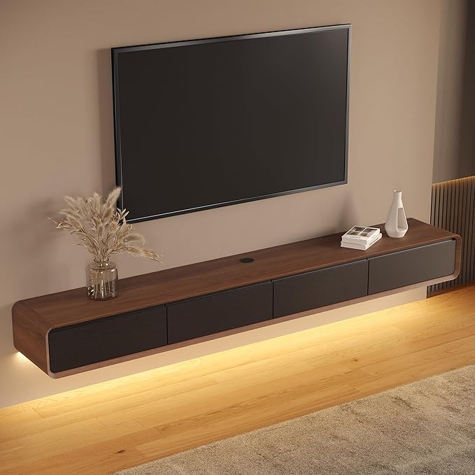 Minimalist Floating TV Stand with LED Lights, Modern Wall-Mounted Media Console with 4 Flip-Down Cabinet Doors for 85 Inch TV, Fully-Assembled, Walnut Veneer, 94"