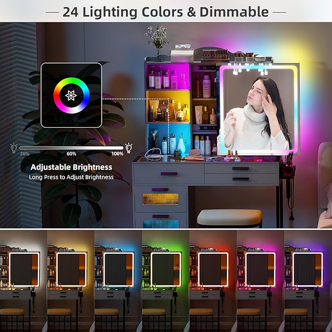 RGB Vanity Desk with Sliding Mirror and Lights,Makeup Vanity with Charging Station,LED Vanity Table with Glass Top,Girls Vanities Dressing Table Set with Stool&6 Drawers for Bedroom(Grey)