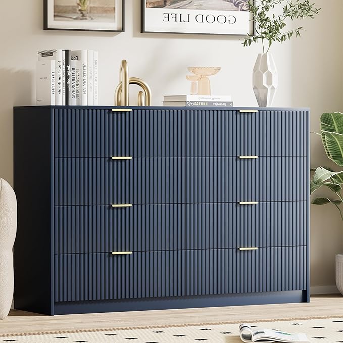 Navy Blue Dresser for Bedroom, Modern Dresser with 8 Drawers and Smooth Slides, Wide Chest of Drawers with Golden Handles for Bedroom, Closet, 15.7" D x 55" W x 37.4" H