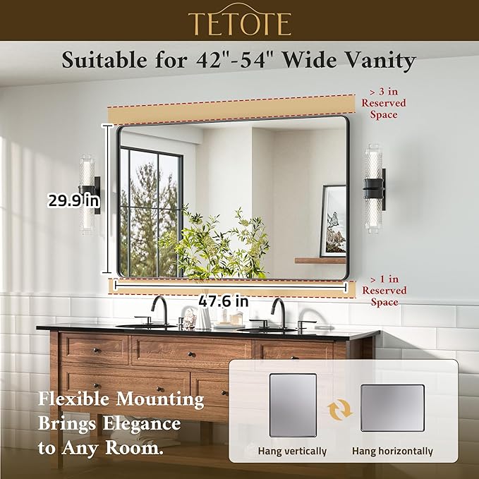 TETOTE Black Vanity Mirror 48 x 30 Matte Black Bathroom Mirrors, Tempered Glass, Modern Farmhouse Wall Mounted Mirror for Decorative(Horizontal/Vertical)