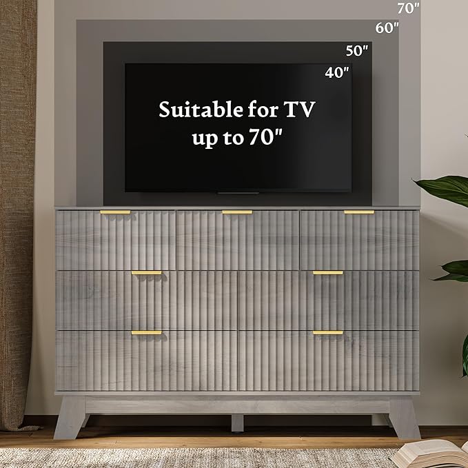Fluted Dresser for Bedroom with 7 Drawer, Mid Century Modern Chest of Drawers, 48" Wide Natural Wood Dresser for Closet, Wooden Boho Chest Closet Storage TV Stand for Bedroom, Grey