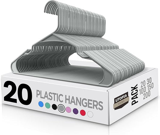 Utopia Home Plastic Hangers 20 Pack - Perfect Space Saving Clothes Hanger - Durable and Strong - Perfect Closet Organizers with Shoulder Grooves (Grey)