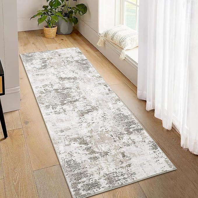 ROYHOM Modern Abstract 2x8 Runner Rug Non Slip Non Shedding Low Pile Stain Resistant Rug for Hallway Kitchen Bedroom, Taupe/Beige