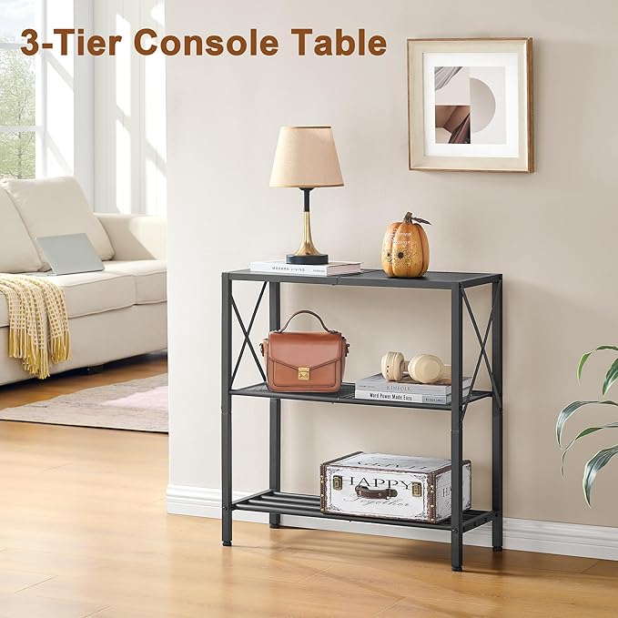 Hoctieon Industrial Console Table, 3-Tier Entryway Table, Metal Frame, Sofa Tables with Shelf, Hallway Desk, Entrance Desk for Entryway, Living Room, Foyer, Hallway, Black