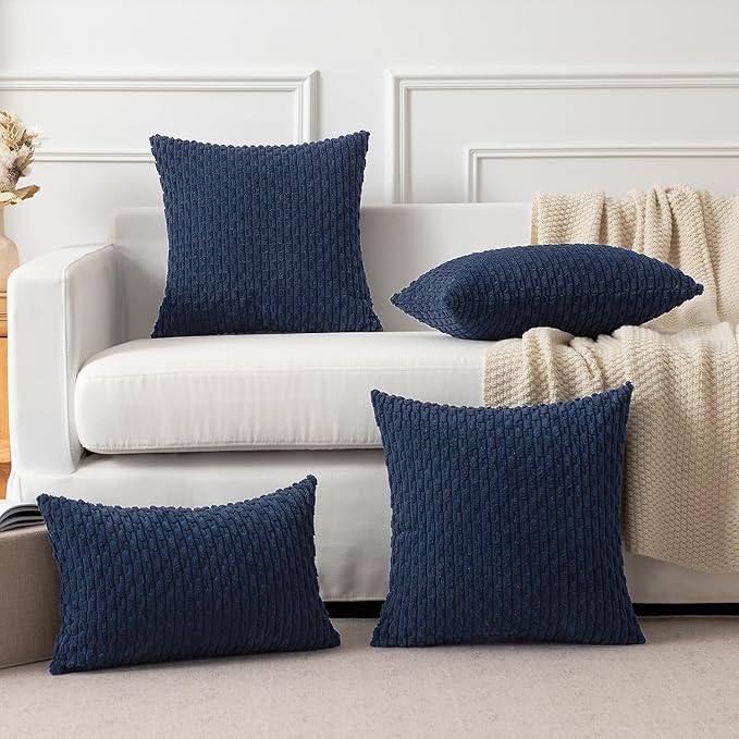 Kevin Textile Pack of 2 Corduroy Decorative Throw Pillow Covers 22x22 Inch Soft Boho Striped Pillow Covers Modern Farmhouse Home Decor for Spring Sofa Living Room Couch Bed Navy Blue