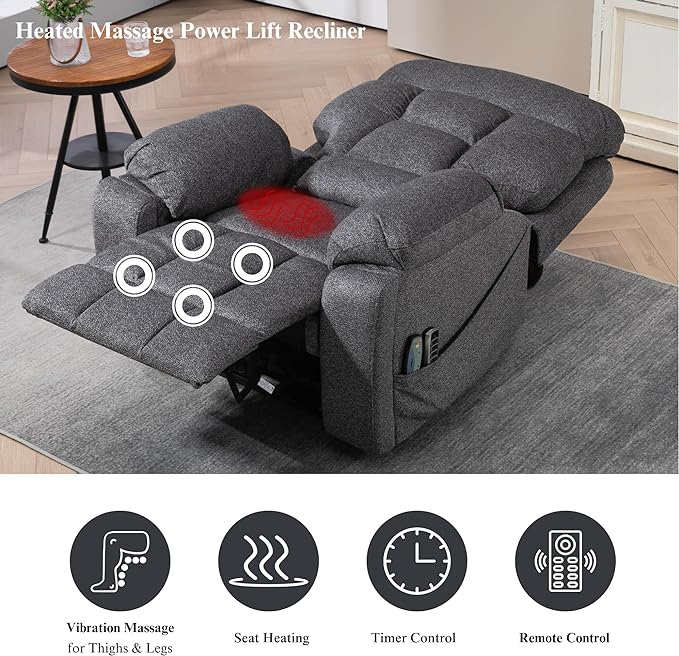 4-Motor Lay Flat Power Lift Recliner Chair with Heat & Massage - Power Adjustable Headrest, Backrest, Lumbar & Legrest - Big Tall Recliners, 4-Point Massage (Seat Heating)