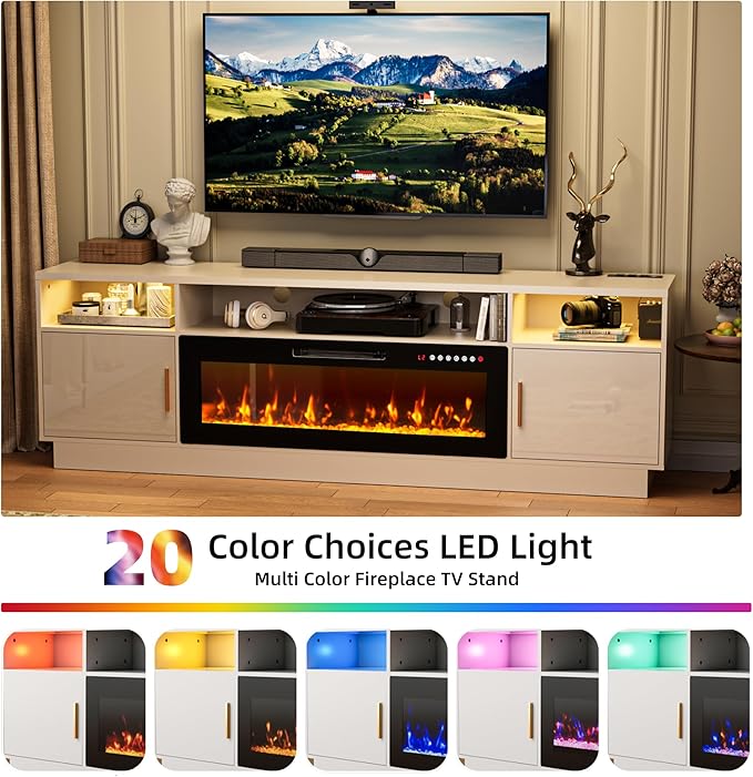 Ludatido 80 Inch Premium TV Stand with 36 inch Electric Fireplace 27 Inch high LED Light Entertainment Center Easy to Assemble for TVs Up to 90'' with USB&AC Power Interface White