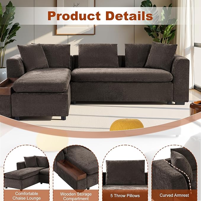93.7" Sectional Couch, Upholstered Modular Sofa L Shaped Couch with Storage Compartment, Sectional Couches for Living Room and Office, Brown