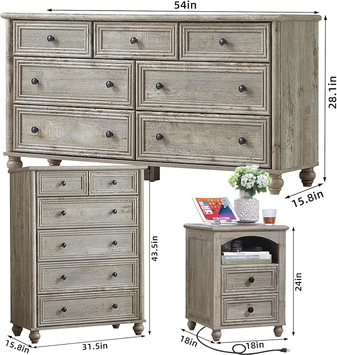 Farmhouse Dressers & Night Stand Set of 3, Wood 54" Wide Dresser & 43.5"Tall Chest of Drawers, 18" with Charging Station Nightstand, Bedroom Furniture 7 Drawer Dresser Set for Home Living Room Hallway