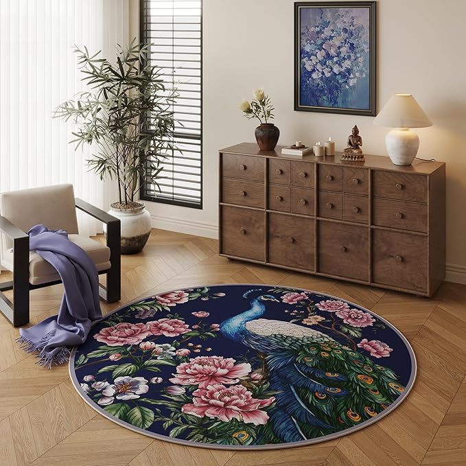 Round Rug 4ft Washable Circle Rug Non Slip Low Pile Floral Peacock Animal Small Circular Rug for Bedroom, Bathroom, Entryway, Kids Room, Office, College Dorm (Cobalt Blue)