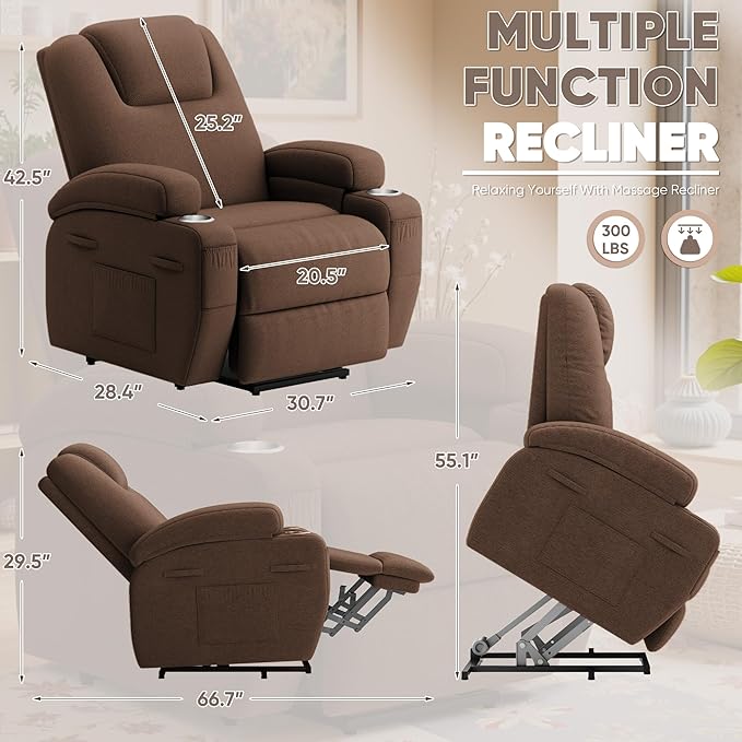 Power Lift Recliner Chair with Massage Electric Lift Chair for Elderly, Ergonomic Recliner with Cup Holders & Side Pockets, Modern Single Sofa for Living Room (Fabric, Brown)