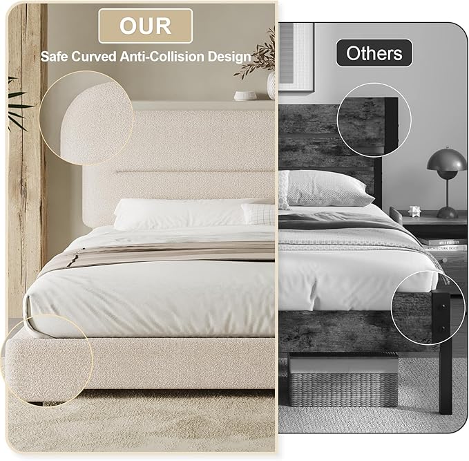 Full Size Boucle Bed Frame, Upholstered Cloud Bed with Headboard, Soft Bed Frames, Modern Style/Thickened Footboard/Rounded Corners Design/No Box Spring Required/Easy Assembly, Beige