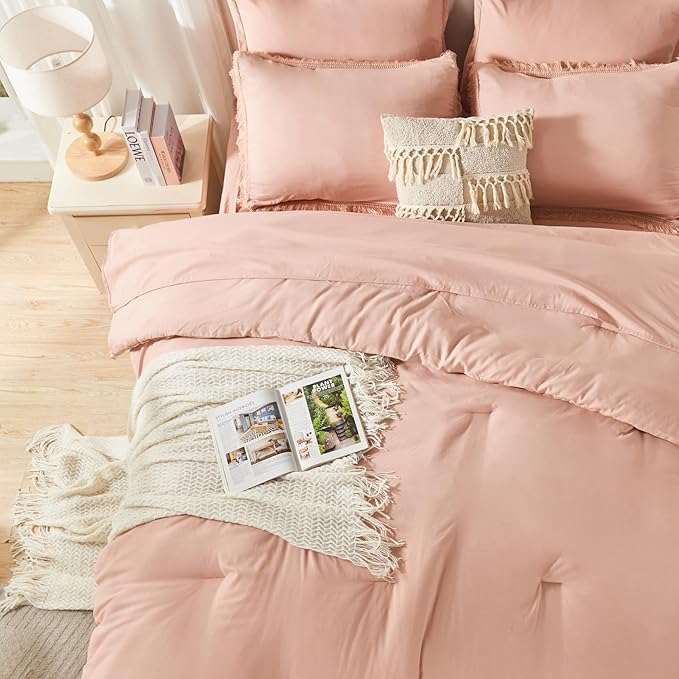 Andency California King Size Comforter Set with Sheets Pink - 7 Pieces Cal King Bed in a Bag Boho Bedding Sets, Pink Bed Set with Comforter, Sheets, Pillowcases & Shams