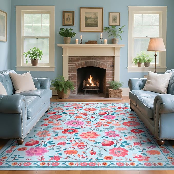9x12 Area Rug for Living Room Clearance, Modern Washable Rug Non Slip Low Pile Floral Rugs for Living Room, Bedroom, Farmhouse, Dining Room, Kids Playroom, Blue