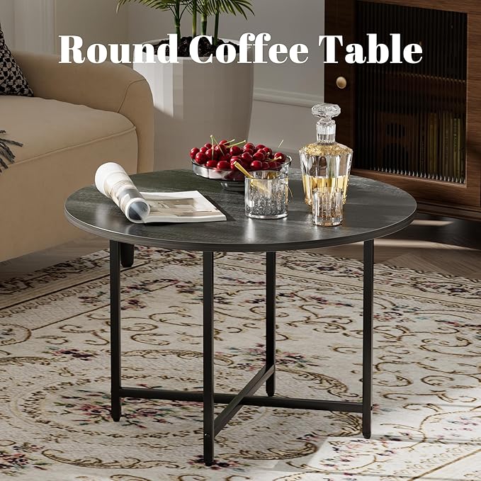 Round Coffee Table, Small Coffee Tables for Living Room, Wood Coffee Table with Metal Frame, Floor Table Desk for Sitting on The Floor, Home, Office, Farmhouse, Dark Gray (23.6" D x 17.7" H)