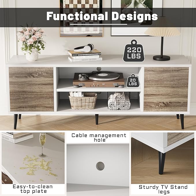 Flamaker TV Stand, 58 Inch Entertainment Center with 2 Doors and 2 Storage Cabinets for TV up to 65 inch, TV Console Table for Living Room, Bedroom, Office (White and Oak)