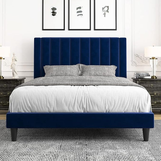 Allewie Full Platform Bed Frame/Velvet Upholstered Bed Frame with Vertical Channel Tufted Headboard/Strong Wooden Slats/Mattress Foundation/Box Spring Optional/Easy Assembly/Navy Blue