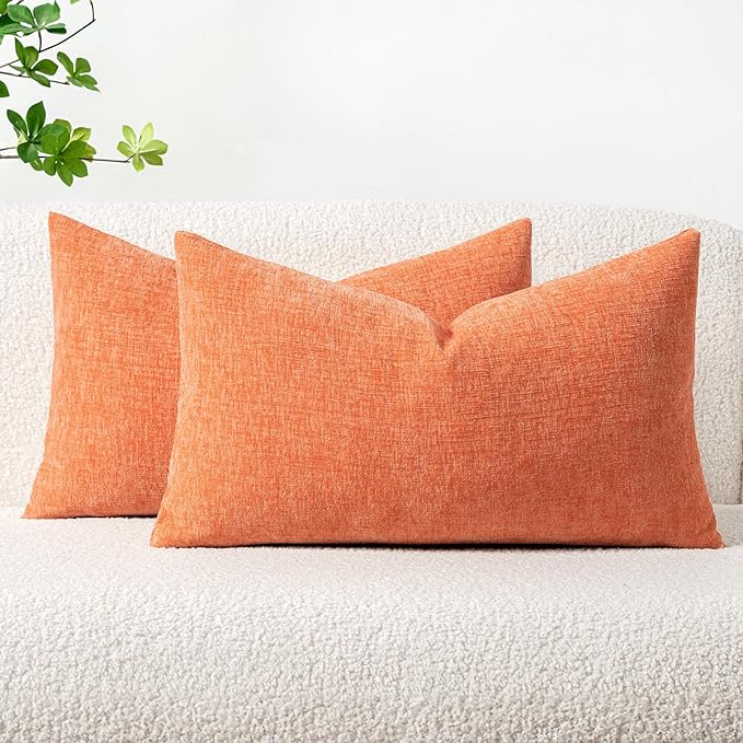 MIULEE Pack of 2 Couch Throw Pillow Covers 12x20 Inch Soft Coral Red Chenille Pillow Covers for Sofa Living Room Solid Dyed Pillow Cases