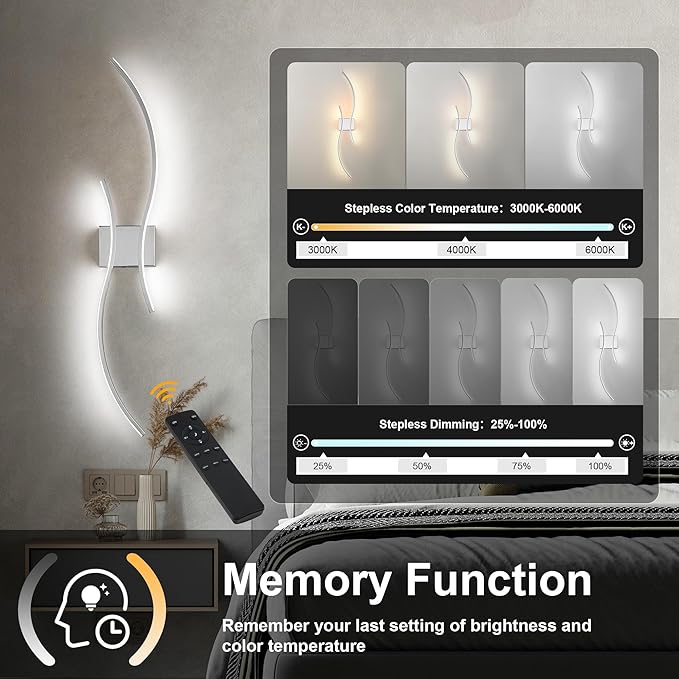 Battery Operated Wall Sconces Set of Two with Remote Control, Stepless Colors 3000K-6000K & Dimming, LED Chrome Wireless Wall Light for Living Room, Hallway, Bedroom, 39.3 Inch (2 Pack)