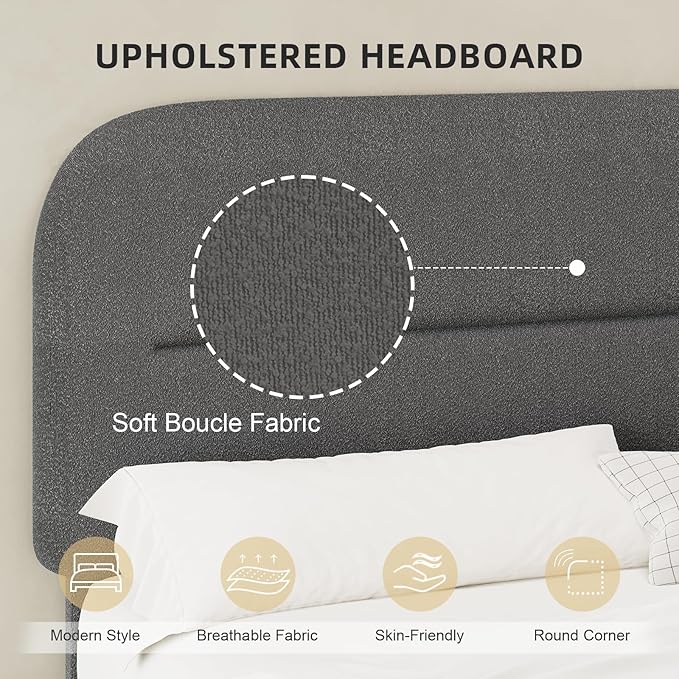 HOMBCK Queen Bed Frame Upholstered Boucle Bed Frame with Headboard/Thickened Footboard/Rounded Corners/No Box Spring Needed/Easy Assembly, Grey