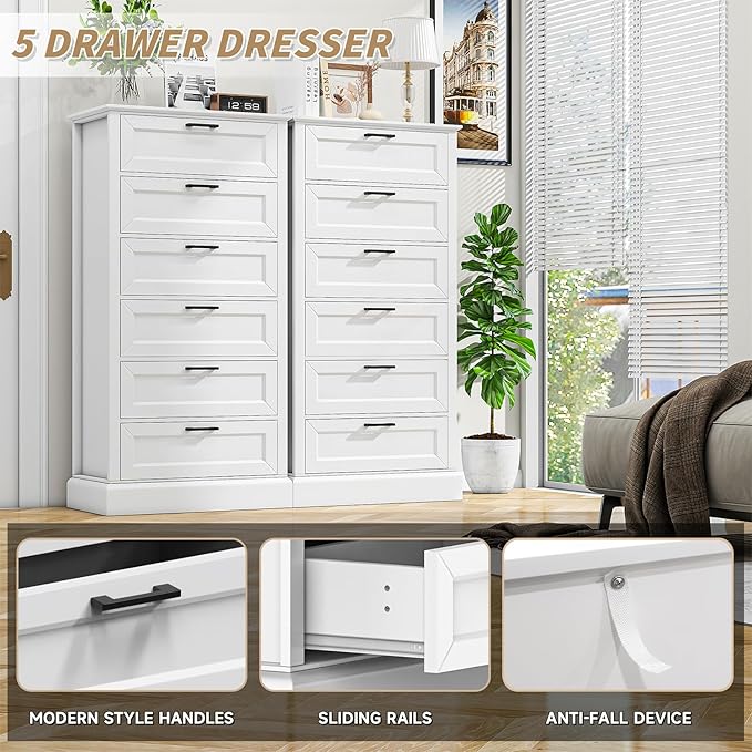 Tall White 6 Drawer Dresser, Wood Vertical Chest of Drawers for Bedroom, 55" H Modern Lingerie Dressers for Closet, Living Room, Hallway and Home Office