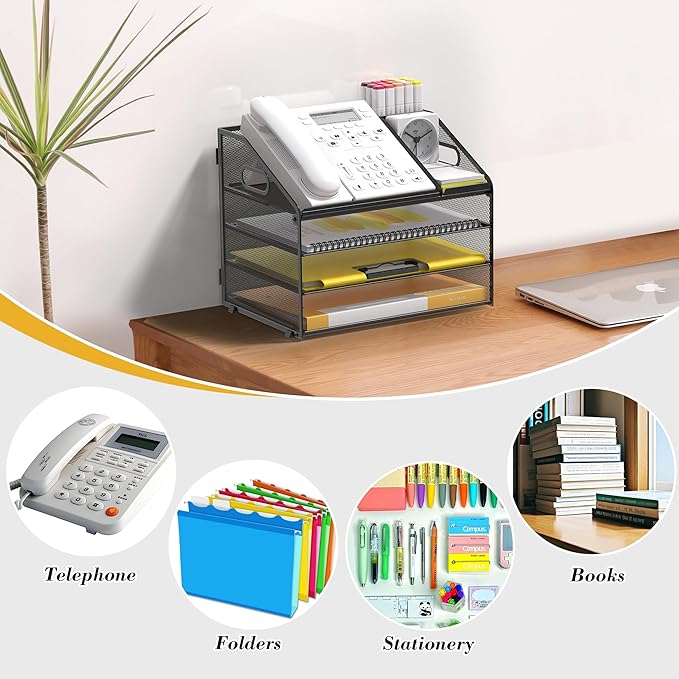 Letter Tray Paper, 4 Tier Desk Organizer with Pen Holder and Handle Mesh File Organizer Paper Sorter Metal Desktop Document Shelf for Office Home Classroom -Black
