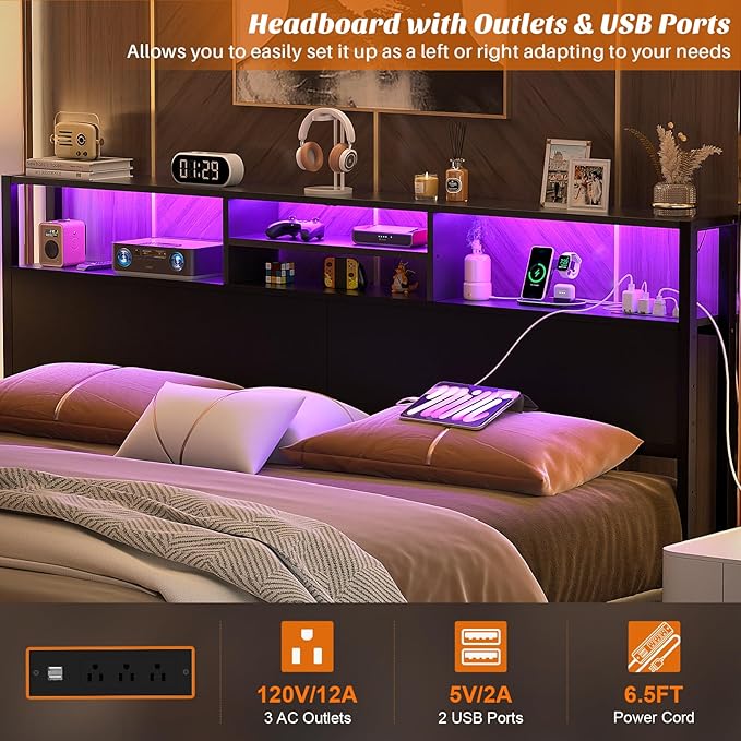 Aheaplus Headboard for King Size Bed with Storage, Headboards with Outlets, USB Ports and LED Light, King Size Head Board Only, Height Adjustable, Reversible, Sturdy and Stable Headboard, Black