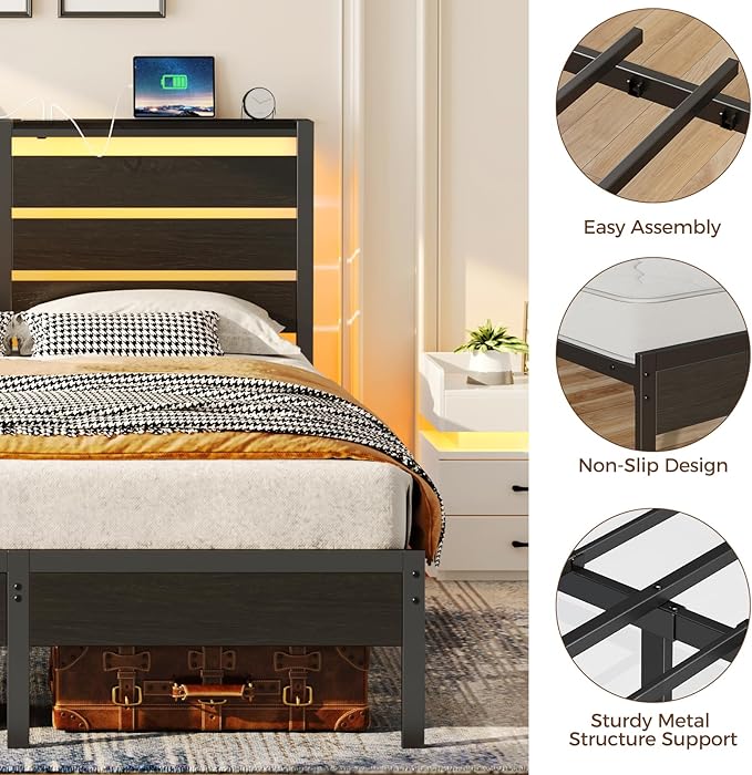 Rolanstar Bed Frame Full Size with USB Charging Station, LED Bed Frame with Wood Storage Headboard, Black Metal Platform Bed with Under Bed Storage, No Box Spring Needed, Noise Free